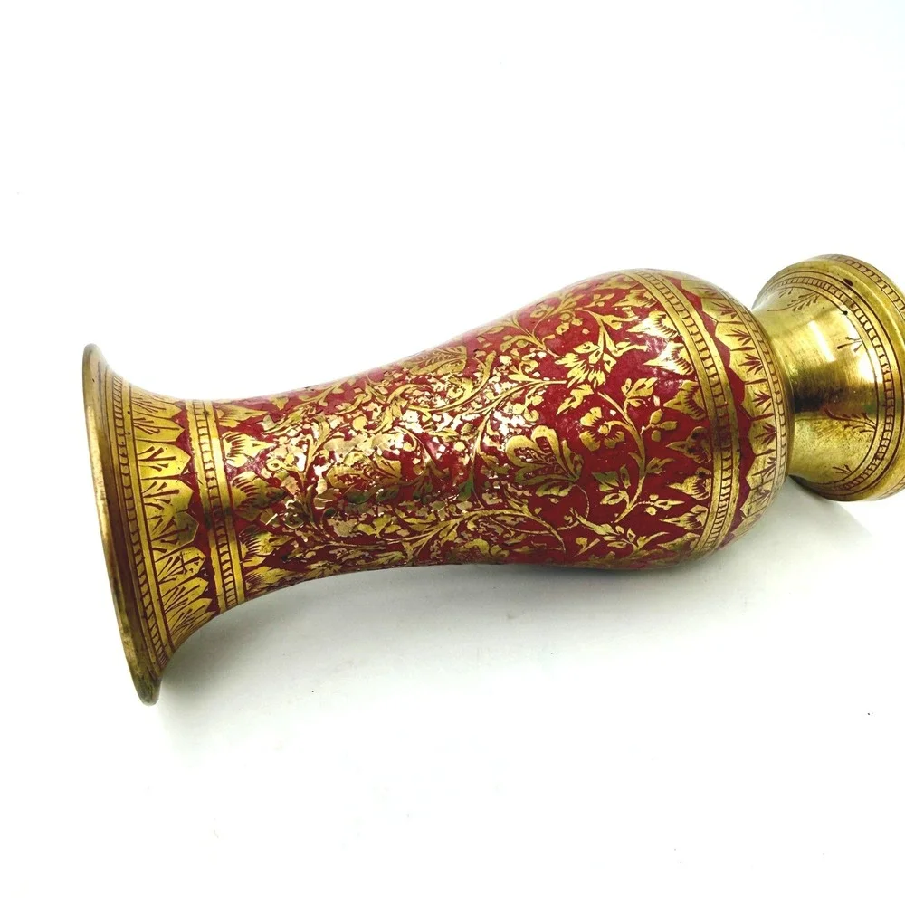 Vintage Light‎ Red Enamel Etched Brass Floral Vase Bohemian Indian Decor Gold